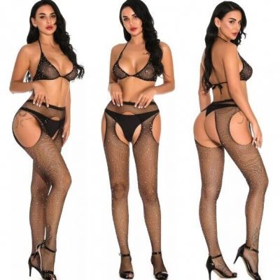 3 Pcs Sexy GO-GO Dancer Set. Rhinestone Pantyhose Stockings Thong and Bikini Top